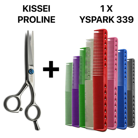 ciseaux kissei proline japonais de coiffure pro associé à un peigne yspark de coupe ys339