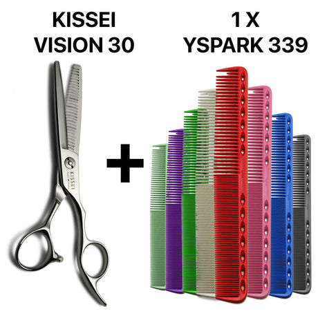 Ensemble professionnel avec ciseaux japonais Kissei Vision 30 et peignes de coupe Y.S.PARK 339, pour précision et confort en salon.