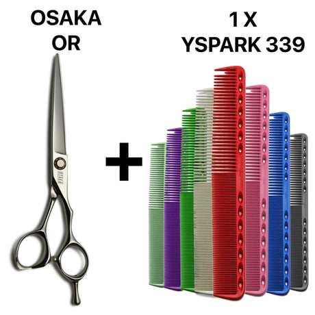 Set professionnel composé de ciseaux japonais OSAKA OR et du peigne Y.S.PARK 339, idéal pour les coupes classiques et modernes.