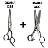 Pack complet de ciseaux de coiffure japonais OSAKA OSS comprenant coupe droite et sculpteurs texturisants OSAKA OSC, pour une finition douce et fluide.
