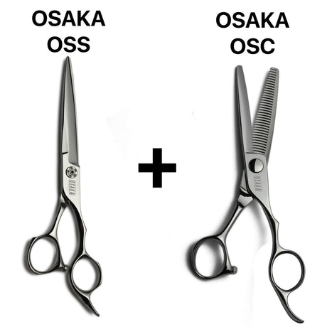 Pack complet de ciseaux de coiffure japonais OSAKA OSS comprenant coupe droite et sculpteurs texturisants OSAKA OSC, pour une finition douce et fluide.