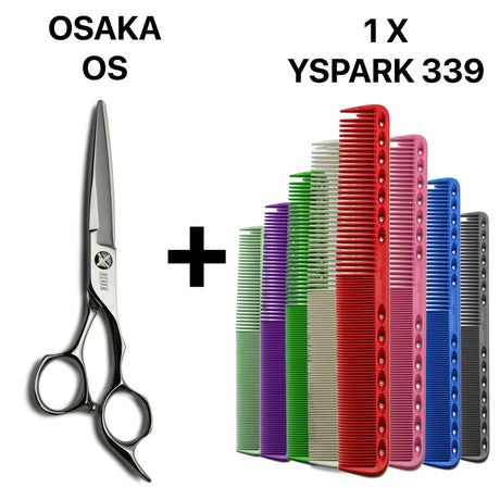 Kit de ciseaux de coiffure japonais OSAKA OS et peigne de coupe Y.S.PARK 339, parfait pour un travail précis et durable en salon.