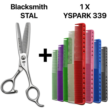 Kit de ciseaux de coiffure japonais sculpteurs Blacksmith STAL 40  et peigne de coupe Y.S.PARK 339, parfait pour un travail précis et durable en salon.