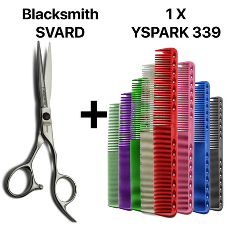 Ciseaux de coiffure ergonomiques Blacksmith SVARD associés au peigne de coupe Y.S.PARK 339, pour un résultat précis et homogène.