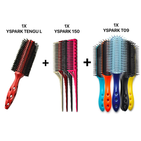 brosse ronde yspark tengu en 100% poil de sanglier associé avec des peignes à crêper yspark 150 et des brosses plates yspark t09