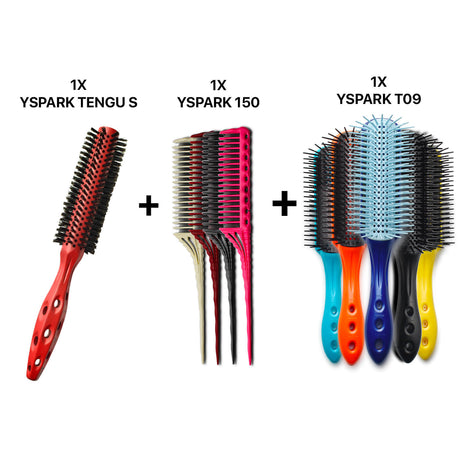 brosse ronde yspark tengu en 100% poil de sanglier associé avec des peignes à crêper yspark 150 et des brosses plates yspark t09