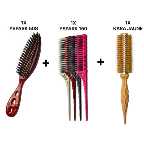 brosse à chignon yspark 508 associé à des peignes à crêper yspark 150 et une brosse ronde kara jaune