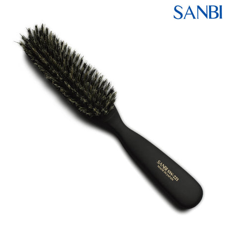 Brosse pour cheveux fins Sanbi SW‑221 – poils de sanglier tendres, grip suédé, fabrication Japon