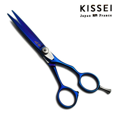 ciseaux de coiffure japonais bleus de la marque kissei et de la référence KI-BLUE avec une lame fine pour le piquetage et le tyravail de précision