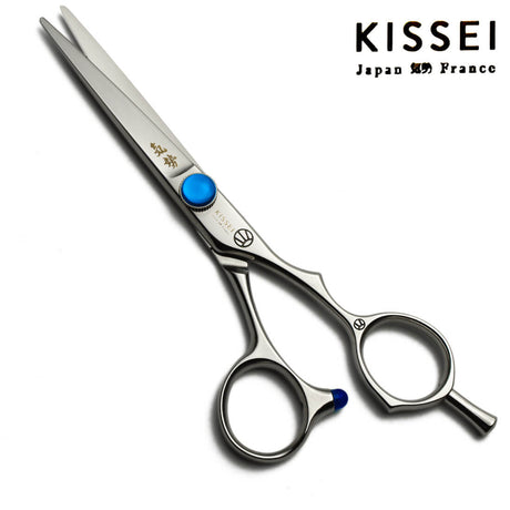 ciseaux de coiffure japonais avec une visserie bleue de la marque kissei et de la référence KI-COLORZ avec une lame fine pour le piquetage et le tyravail de précision