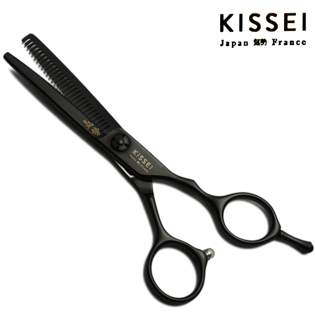 ciseaux sculpteurs de la marque kissei en noir pouvant désépaissir les cheveux en douceur. 