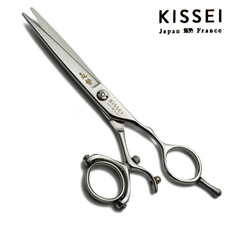 ciseaux droits à anneaux tournants ergonomiques de la marque kissei  ayant une lame fine pour tout travaux de précision  et de piquetage ainsi que des tours d'oreille pour les coiffeurs. 