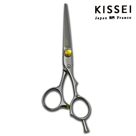 Ciseaux de coiffure japonais KISSEI Colorz en vis jauneavec une lame fine et un manche à anneaux décalés