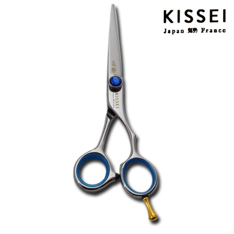ciseaux japonais KISSEI Core en vis bleue et anneaux bleus pour les professionnels de la coiffure exigeants 