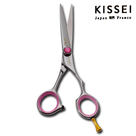 ciseaux japonais KISSEI Core en vis rose et anneaux roses pour les professionnels de la coiffure exigeants 