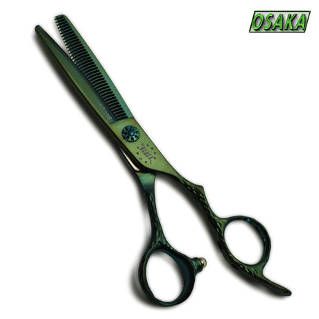 ciseaux osaka aosen sculpteurs et effileur avec 40 dents et à la couleur vert mat. Manche ergonomique avec anneau du pouce cambré