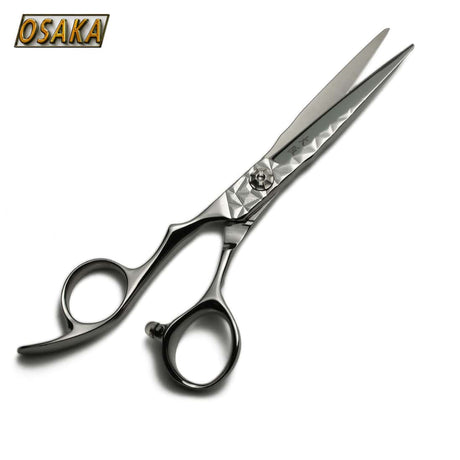 Ciseaux droits gauchers OSAKA Geode, finition martelée brillante, design ergonomique et moderne, destinés aux professionnels de la coiffure pour une coupe précise et confortable