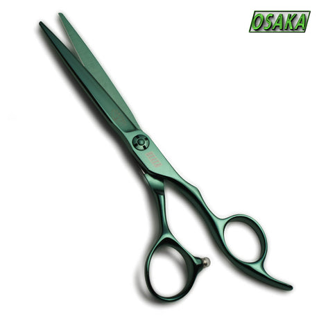 Ciseaux de coiffure OSAKA SUIREN finition verte, lame droite et design ergonomique, idéals pour une coupe précise et professionnelle.