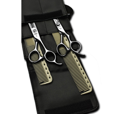 pack de ciseaux blacksmith avec 2 peignes yspark blanc ys334 et ys335 et une trousse de rangement