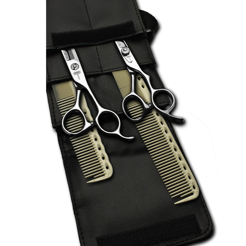 pack de ciseaux blacksmith avec 2 peignes yspark blanc ys334 et ys335 et une trousse de rangement