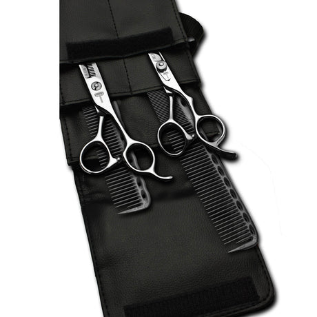 pack de ciseaux blacksmith avec 2 peignes yspark noirs ys334 et ys335 et une trousse de rangement