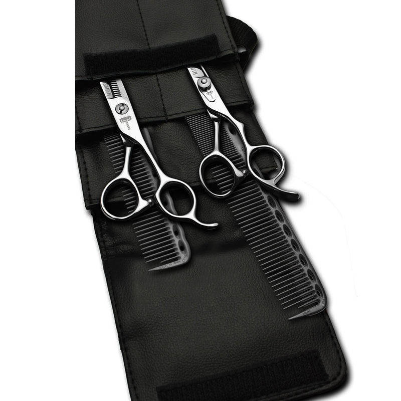 pack de ciseaux blacksmith avec 2 peignes yspark noirs ys334 et ys335 et une trousse de rangement