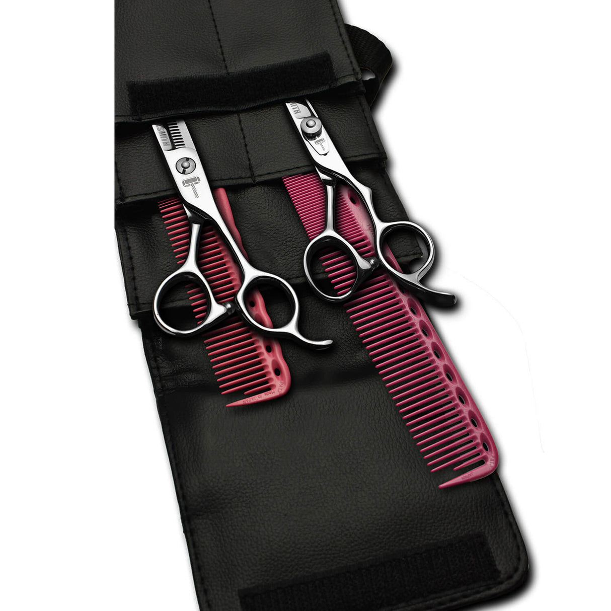 pack de ciseaux blacksmith avec 2 peignes yspark rose ys334 et ys335 et une trousse de rangement