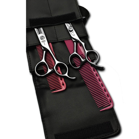 pack de ciseaux blacksmith avec 2 peignes yspark rose ys334 et ys335 et une trousse de rangement