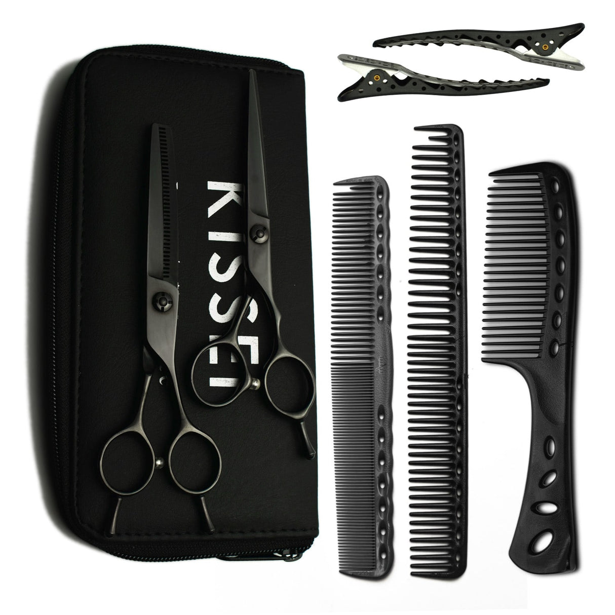 kit de ciseaux kissei noir avec 3 peignes, lot de 2 pinces sépare mèches, 