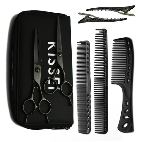 kit de ciseaux kissei noir avec 3 peignes, lot de 2 pinces sépare mèches, 