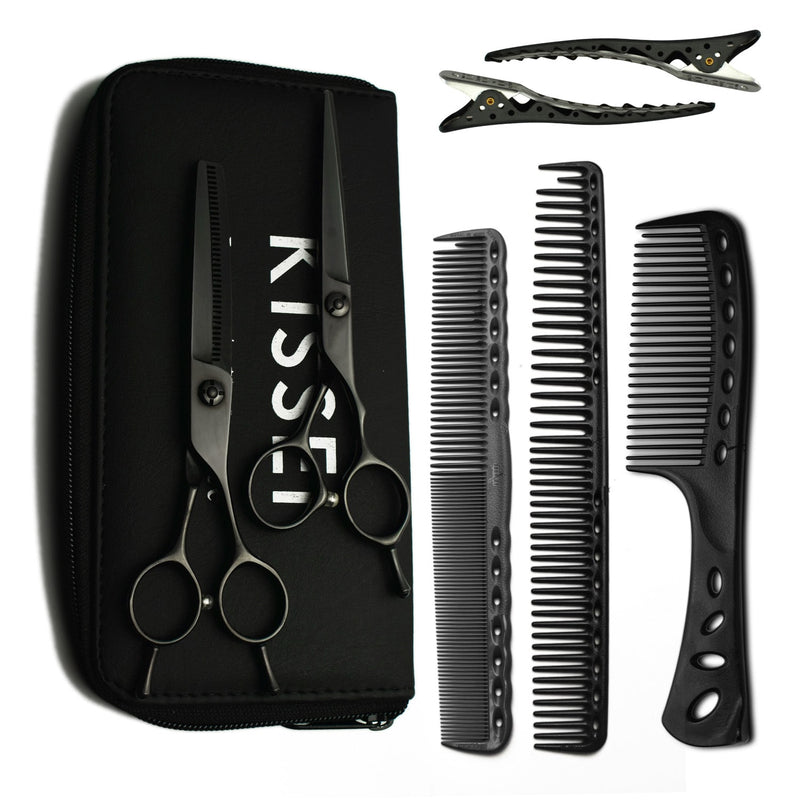 kit de ciseaux kissei noir avec 3 peignes, lot de 2 pinces sépare mèches, 
