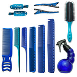 pack de peignes yspark en bleu avec vaporisateur spray mini yspark et une paire de sépare mèche également en bleu