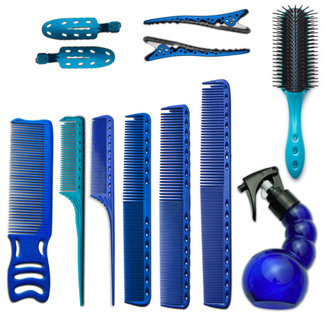 pack de peignes yspark en bleu avec vaporisateur spray mini yspark et une paire de sépare mèche également en bleu