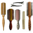kit de brushing yspark comprenant 4 brosses yspark dont 2 rondes et une paire de pinces yspark shark ainsi q'un peigne ys334 