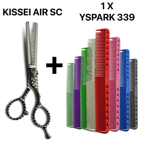 Kit de ciseaux de coiffure japonais sculpteurs Kissei Air 30  et peigne de coupe Y.S.PARK 339, parfait pour un travail précis et durable en salon.