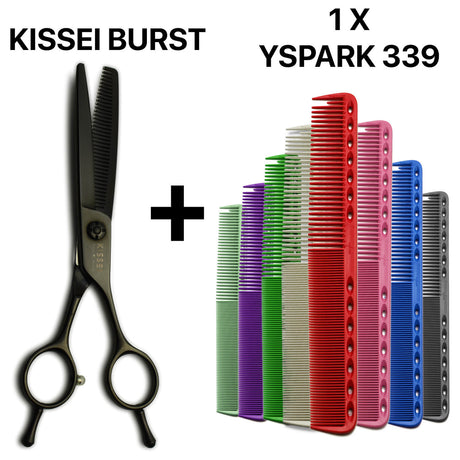 Pack complet : ciseaux de coupe Kissei Burst Noir Sculpteurs et peigne de coupe Y.S.PARK 339, alliant précision japonaise et ergonomie.