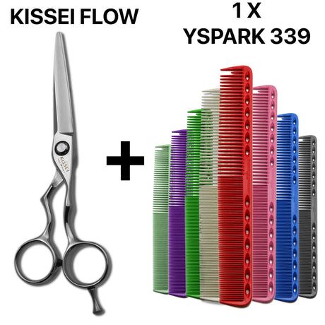 ciseaux kissei flow japonais de coiffure professionnel associés avec un ensemble de peignes de coupe yspark 339