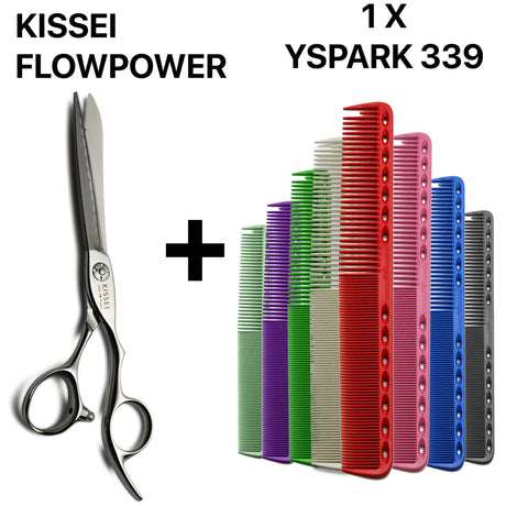 ciseaux kissei flowpower japonais de coiffure professionnel associés avec un ensemble de peignes de coupe yspark 339