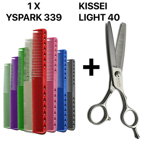 Duo de ciseaux de coiffure professionnels sculpteurs KISSEI Light 40 et peigne Y.S.PARK 339, conçu pour les coiffeurs recherchant maîtrise et confort.