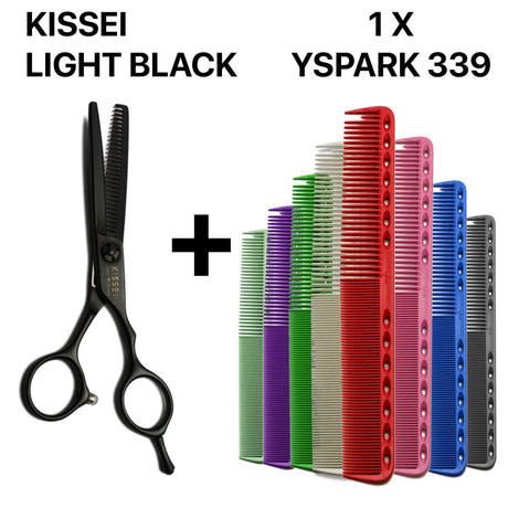 Pack complet de ciseaux de coiffure Kissei Light Black  et de peignes professionnels Y.S.PARK 339, alliant précision japonaise et ergonomie haut de gamme pour un usage intensif en salon.