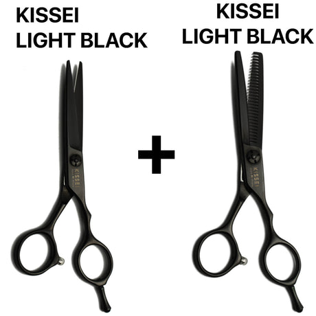 Ensemble de ciseaux de coiffure japonais noirs  Kissei Light Black comprenant une paire droite de coupe et une paire de ciseaux sculpteurs professionnels, pour un travail complet de la matière et de la texture.