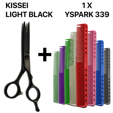 Ensemble professionnel de coiffure comprenant les ciseaux japonais Kissei Light Black et les peignes Y.S.PARK 339, référence mondiale des peignes de coupe pour coiffeurs exigeants.