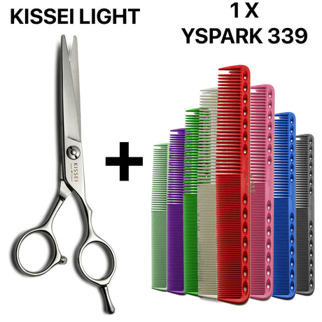 ciseaux kissei light japonais de coiffure professionnel associés avec un ensemble de peignes de coupe yspark 339