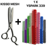 Ensemble ciseaux sculpteurs Kissei Mesh tranchant japonais et peigne Y.S.PARK 339, pour une coupe nette et sans accroc.