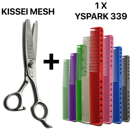 Ensemble ciseaux sculpteurs Kissei Mesh tranchant japonais et peigne Y.S.PARK 339, pour une coupe nette et sans accroc.