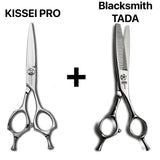 Pack de ciseaux Kissei Pro japonais réunissant une paire de coupe classique et des ciseaux sculpteurs texturisants Blacksmith Tada , conçus pour les coiffeurs recherchant équilibre, légèreté et tranchant durable.