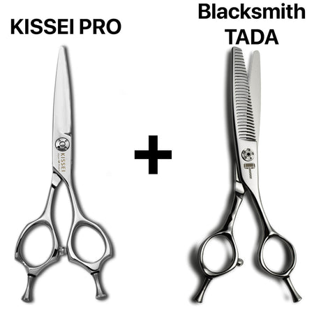 Pack de ciseaux Kissei Pro japonais réunissant une paire de coupe classique et des ciseaux sculpteurs texturisants Blacksmith Tada , conçus pour les coiffeurs recherchant équilibre, légèreté et tranchant durable.
