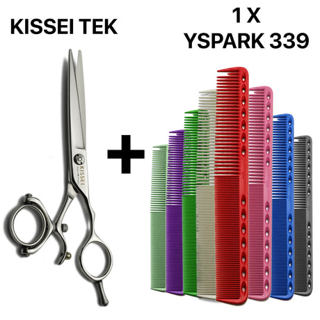 Pack premium composé de ciseaux japonais Kissei Tek et de peignes de coupe Y.S.PARK 339, reconnus pour leur design ergonomique, leur résistance à la chaleur et leur contrôle optimal du cheveu.