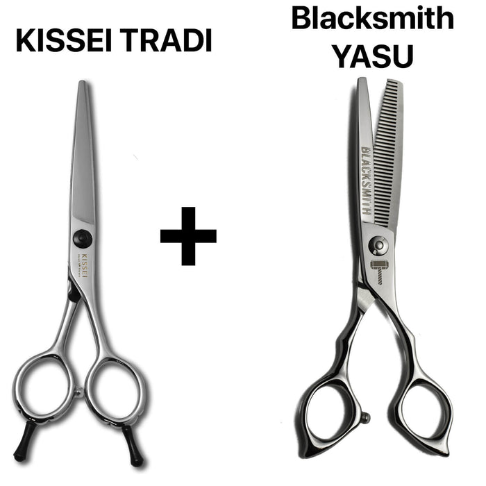 Les ciseaux japonais Kissei Tradi s’associent à des ciseaux sculpteurs professionnels Blacksmith YASU pour offrir un contrôle parfait du volume, une coupure fluide et un équilibre idéal pour le travail de précision.