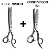 Ensemble de ciseaux de coiffure japonais Kissei Vision et Vision 30 alliant coupe de précision et effilage ergonomique.